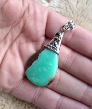 Zilveren edelsteen hanger Boulder Chrysopraas en Peridot